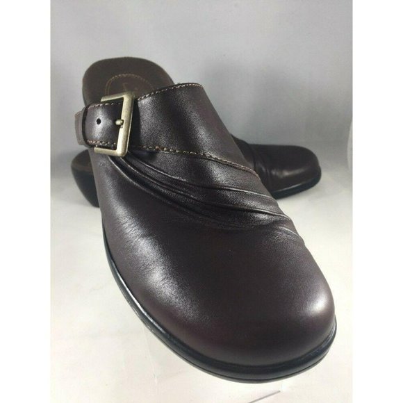 Clarks Womens Shoes Mules Size 8M Brown Leather With Buckle - Picture 2 of 12